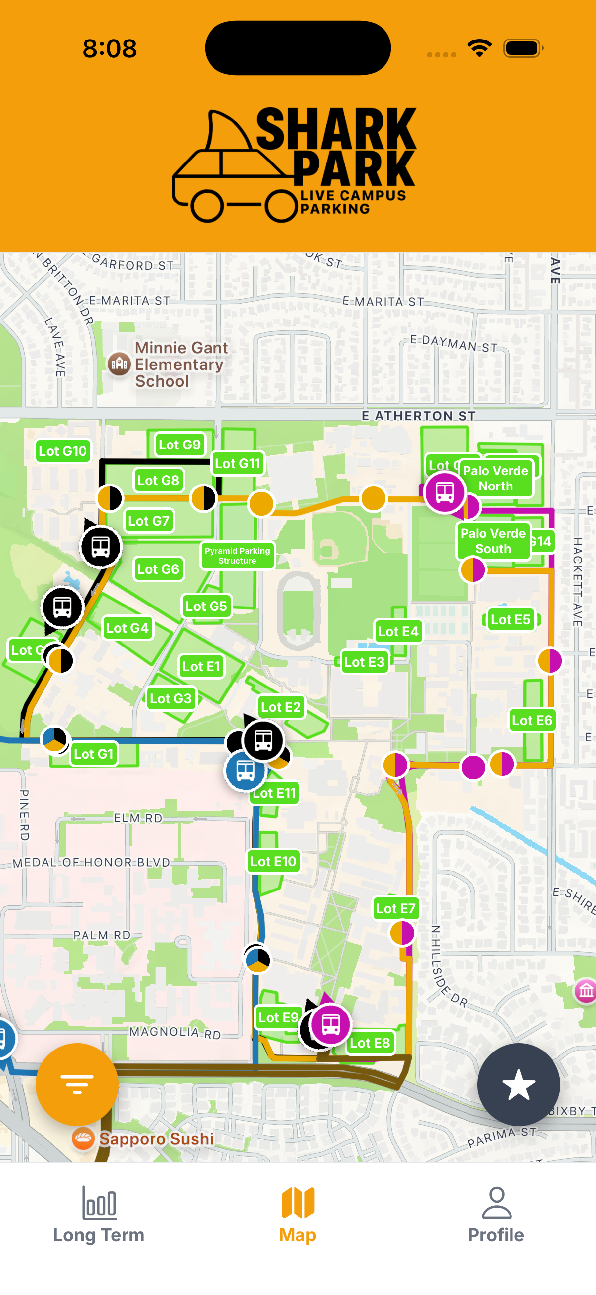 SharkPark mobile app map screen showing live lot occupancy and shuttle routes around CSULB